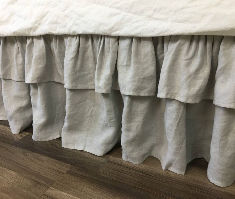 Stone Grey Bed Skirt With 2 Tiered Ruffles Natural Linen Dust Etsy