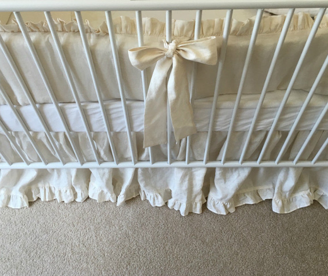 Linen Crib Bedding Neutral Baby Bedding Set Ruffled Cream Etsy