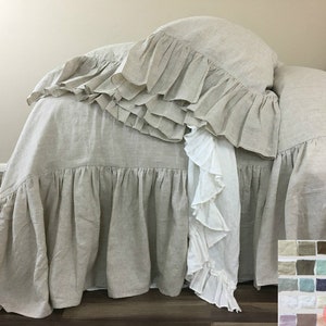 Linen duvet cover with waterfall ruffles， extra long ruffles shabby chic, all sizes, in white, blue, grey, striped linen, 40+ fabric choices