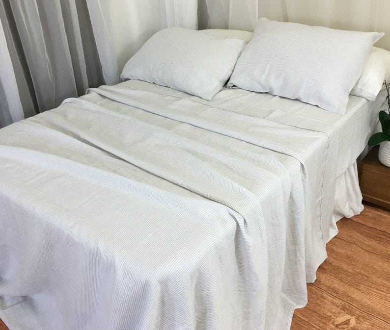 Stone grey and white striped bed sheet pinstripe bedding ...