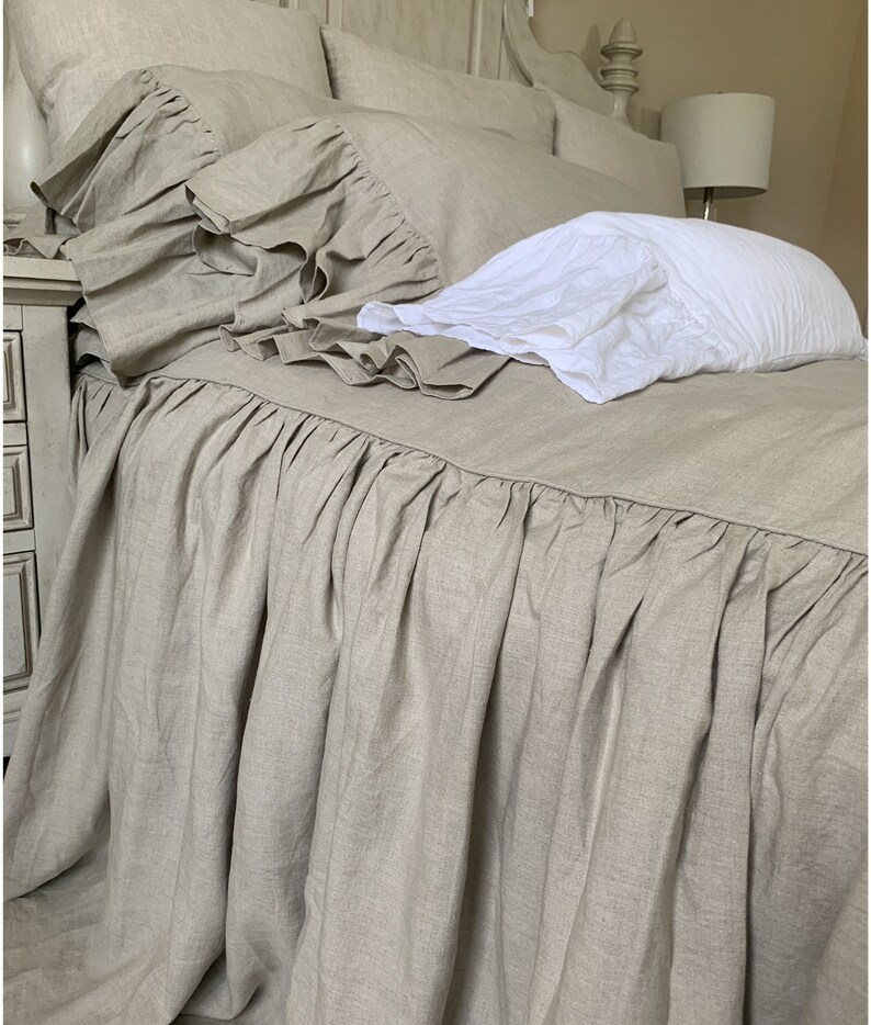Dark Linen Bedspread With Ruffled Bed Cover Ruffle Linen Bed Etsy