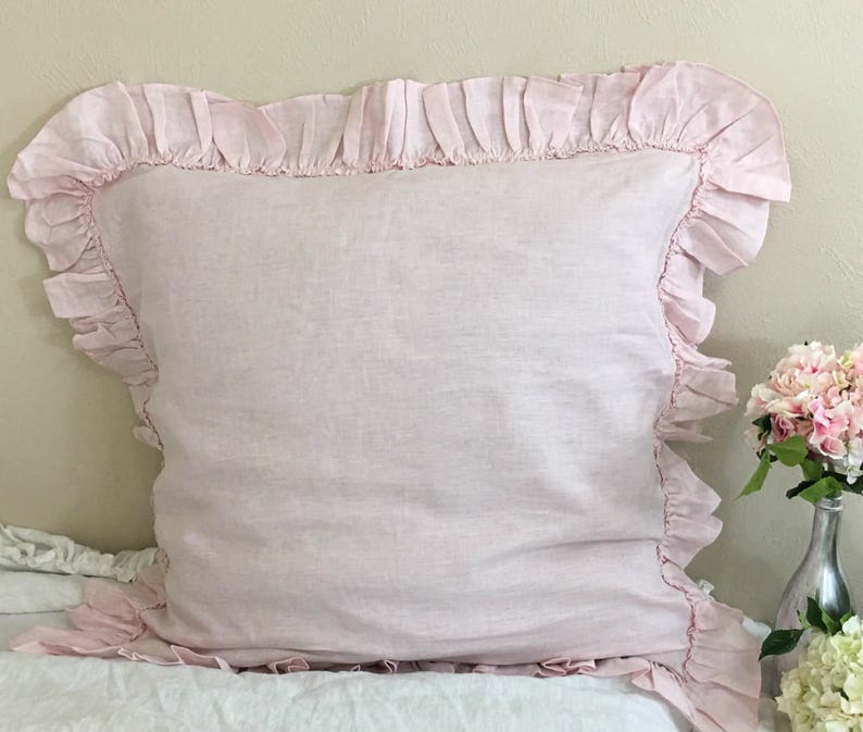 Chambray Blush Pink Euro Sham with Country Ruffles, Natural Linen, 12x16, 16x16, 18x18, 20x20, 24x24, 26x26 or custom size image 4