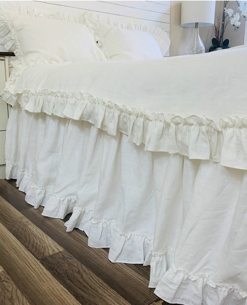 White Linen Bed Cover With Vintage Ruffles Ruffle Bed Sheet Etsy