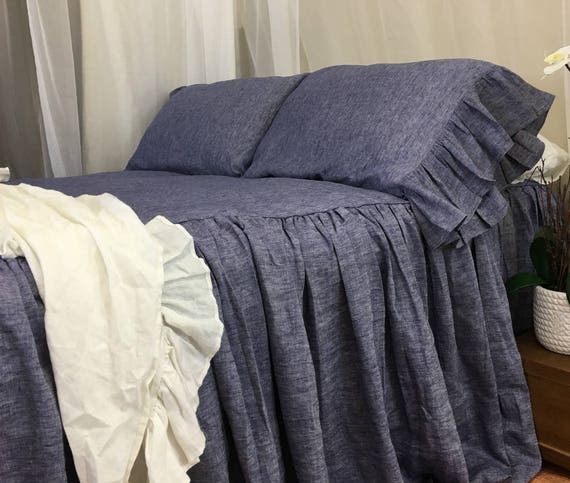 Chambray Denim Linen Bedspread Chambray Bed Cover Handmade In Etsy