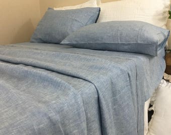 Chambray Surf Blue Linen Bed Sheets, Available in all sizes or custom size, Nautical Chambray