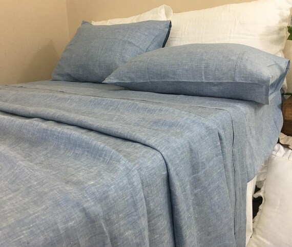 Chambray Surf Blue Linen Bed Sheets Available in All Sizes or