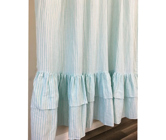 Green And White Striped Shower Curtain With Two Tiered Etsy