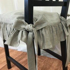 Dark Linen Chair Seat Cover with Self Ruffle and Ballerina Ties, dinning chair seat covers,  Handmade from 100% Linen