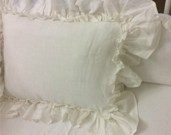 Vintage Ruffle pillow covers, accented linen euro pillow sham covers,  12x16, 16x16, 18x18, 20x20, 24x24, 26x26 or custom size