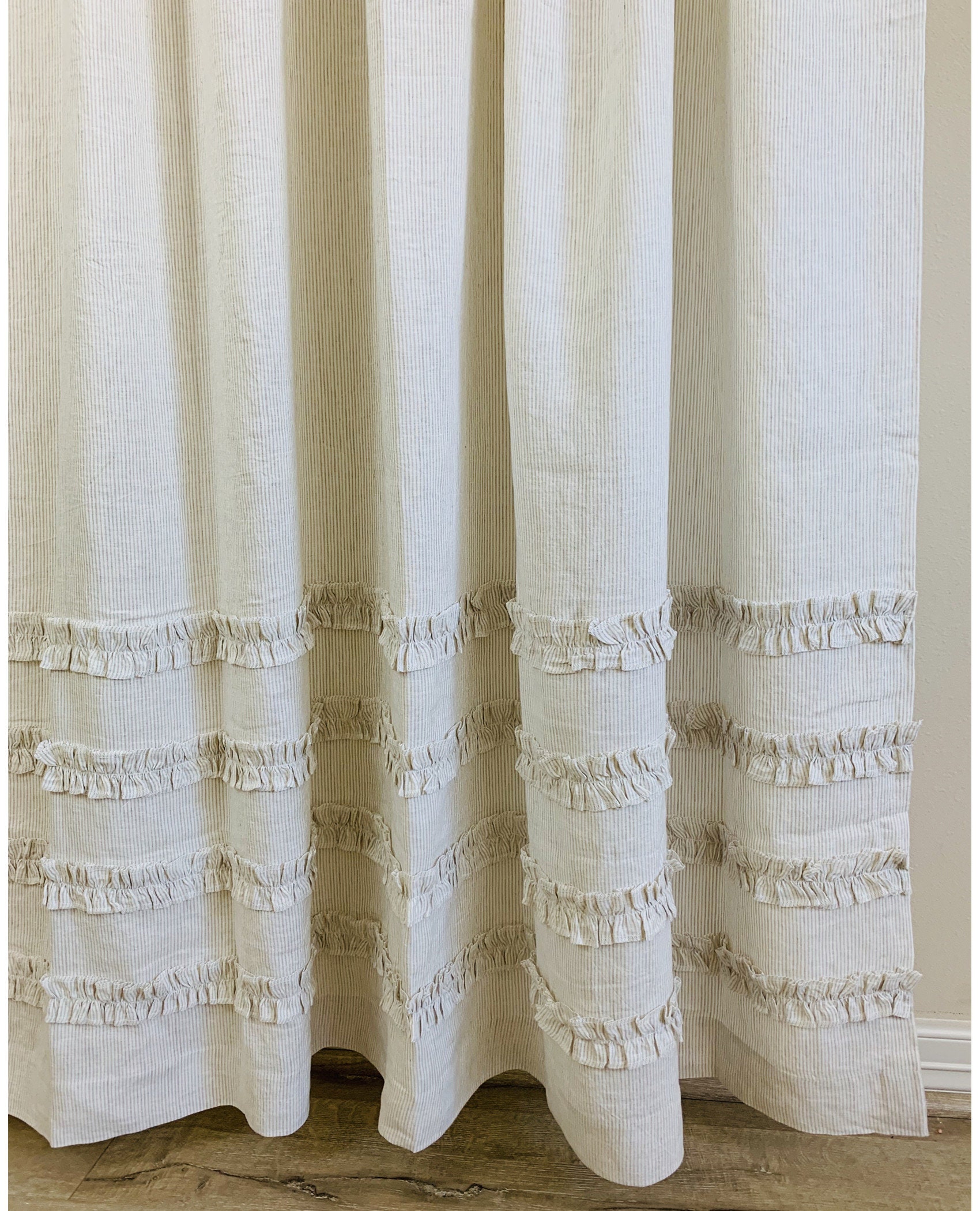 Natural Linen Ticking Striped Shower Curtain with 4 Rows of | Etsy
