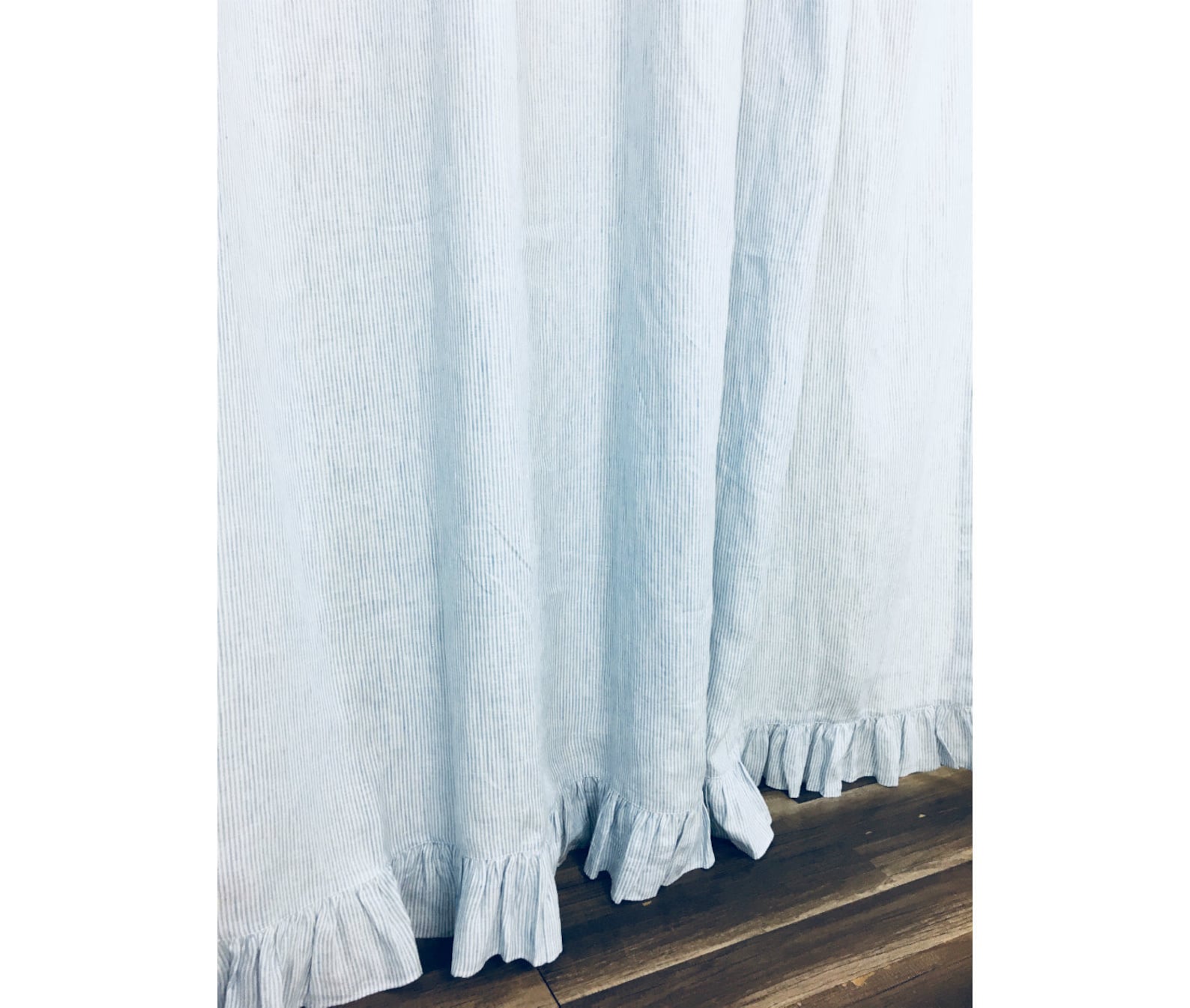 Blue White Ticking Striped Linen Shower Curtain With Ruffle Etsy