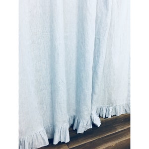 Blue white ticking striped linen shower curtain with ruffle hem, Extra long shower curtain, custom size bathroom shower curtain