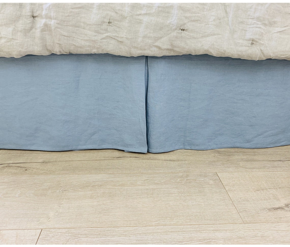 Dusty Blue Linen Bed Skirt Tailored Pleats Etsy