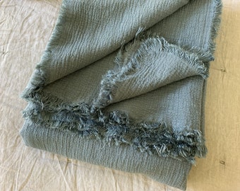 Blueberry Natural Flax Linen Blanket with Fringe, Thick and Warm, Gorgeous Size 82"X93", 210cmx230cm or custom size, Substantial in Weight