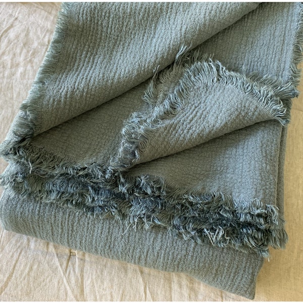 Blueberry Natural Flax Linen Blanket with Fringe, Thick and Warm, Gorgeous Size 82"X93", 210cmx230cm or custom size, Substantial in Weight