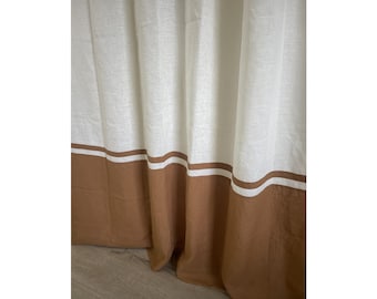 Soft White Linen Shower Curtain Golden Tan Border and Strip Accent, Color Block Linen Shower Curtain