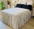 Iron Grey and White Ticking Striped Bedspread with gathered ruffle fall, linen bedspread, ruffle bedding linen Coverlet