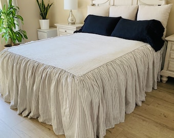 Iron Grey and White Ticking Striped Bedspread with gathered ruffle fall, linen bedspread, ruffle bedding linen Coverlet