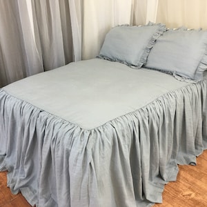 Duck Egg Blue Bedspread, Blue ruffle bedding, linen bedding, shabby chic bedding,  bed cover, queen bedspread, king bedspread, blue bedding