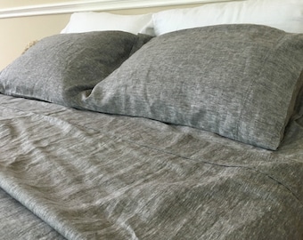 Chambray grey bed sheets, chambray bedding, natural linen sheets set gray