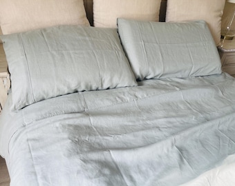 Mountain Fog Linen Bed Sheets Set, Linen Bedding, Available in Queen, King, Twin, Full, Custom Size Welcome
