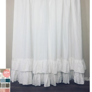 Natural Linen Shower Curtain with Two Tiered Ruffles, Fabulous Chic!  72x72, 72x85, 72x94, or Custom Size, 80+ linen fabric choices