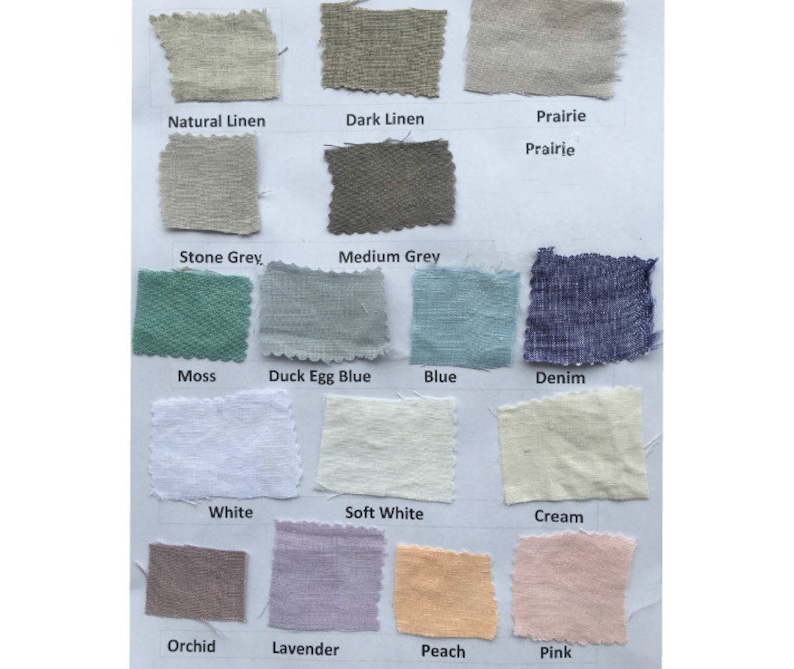Puede incluir: Una carta de muestras que muestra 16 colores diferentes de tela de lino. Los colores son: Lino natural, Lino oscuro, Pradera, Gris piedra, Gris medio, Musgo, Azul huevo de pato, Azul, Denim, Blanco, Blanco suave, Crema, Orqu&iacute;dea, Lavanda, Melocot&oacute;n y Rosa.