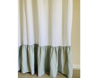 White Linen Shower Curtain with Mermaid Ruffles in Mountain Fog | Two-Tone Sage Green Ruffled Linen Bath Curtain | Custom Size & Color