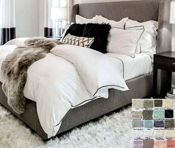 Linen Duvet Cover With Piping Finish White Gray Blue Pink Etsy