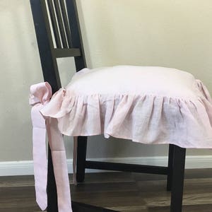 Chambray Blush Pink Linen Chair Slip Cover with Ruffles and Ballerina Ties – Elegant