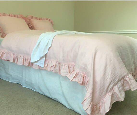 Pink Ruffle Duvet Cover Handmade In Natural Linen Shabby Chic Etsy