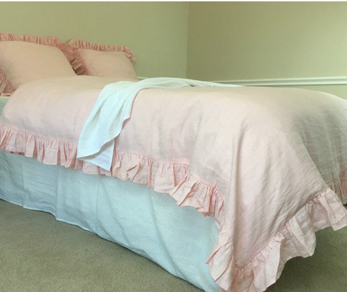 Pink Ruffle Duvet Cover Handmade in Natural Linen Shabby Chic Etsy