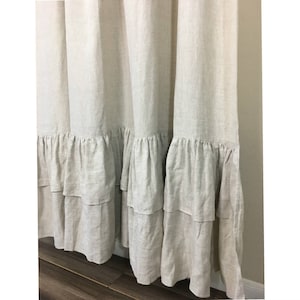 Natural Linen Curtains with Two Tiered of Mermaid Long Ruffles, Farm House Style, ruffled curtains, extra long curtains, shabby chic, A Pair