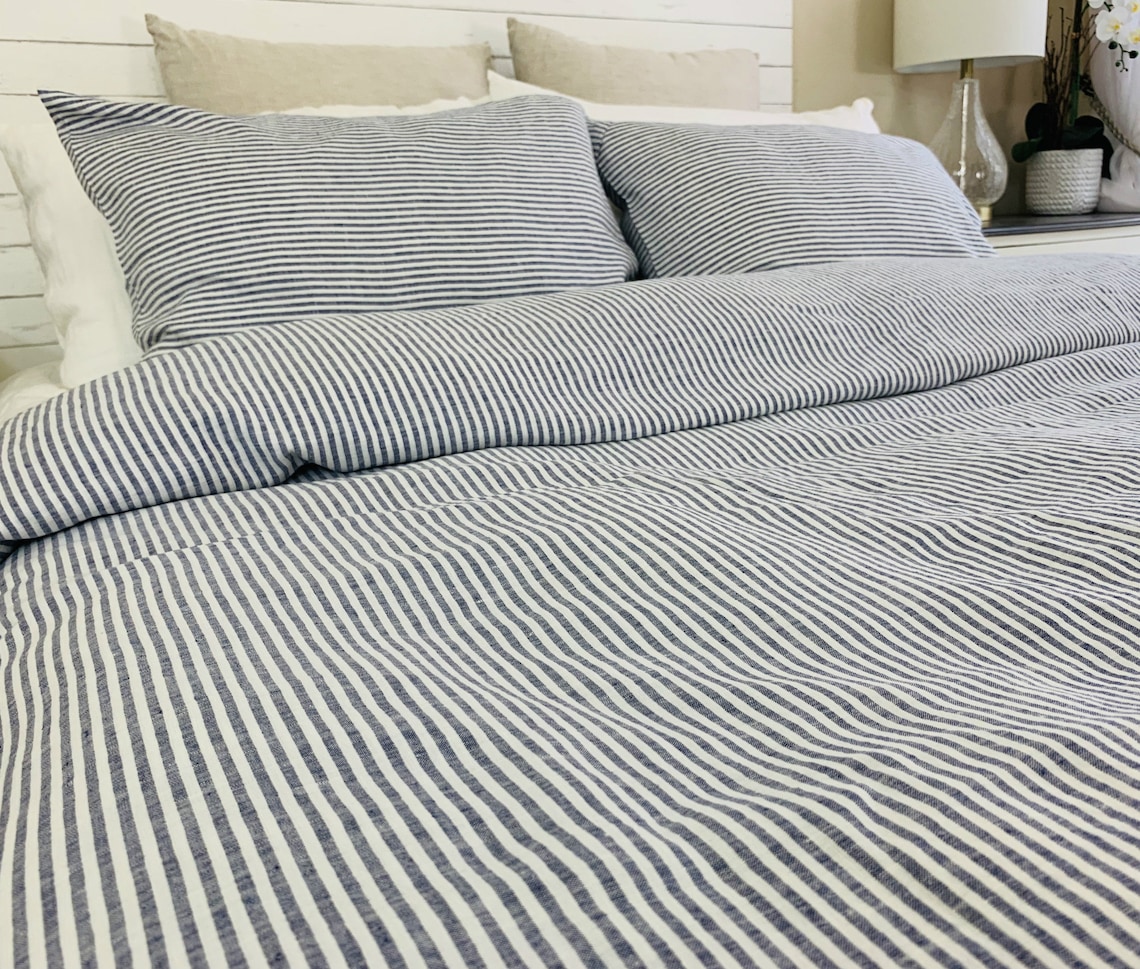 Navy and Whites Striped Duvet Cover Natural Linen 100 Flax Etsy