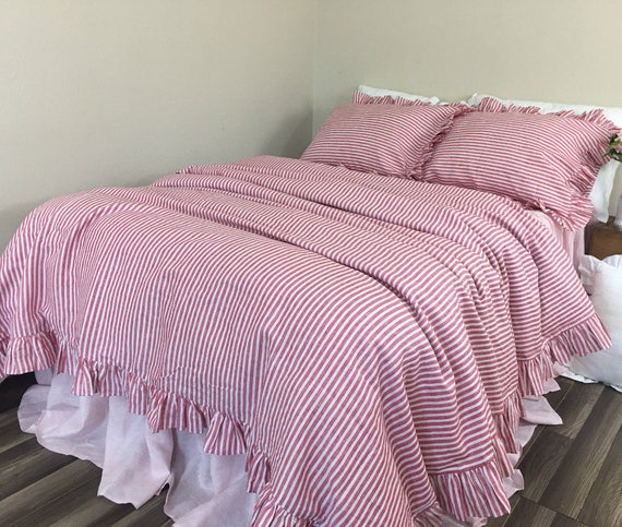 Red And White Striped Duvet Cover Features Easy Flow Ruffles Etsy