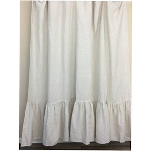 A pair of natural linen ticking striped curtains with mermaid long ruffles, extra long curtains, Country Curtains Cottage Style