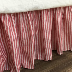 Red and White Striped Bed Skirt, Natural Linen – Farmhouse Beauty!