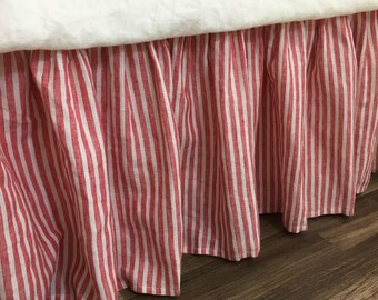 Red and White Striped Bed Skirt, Natural Linen – Farmhouse Beauty!