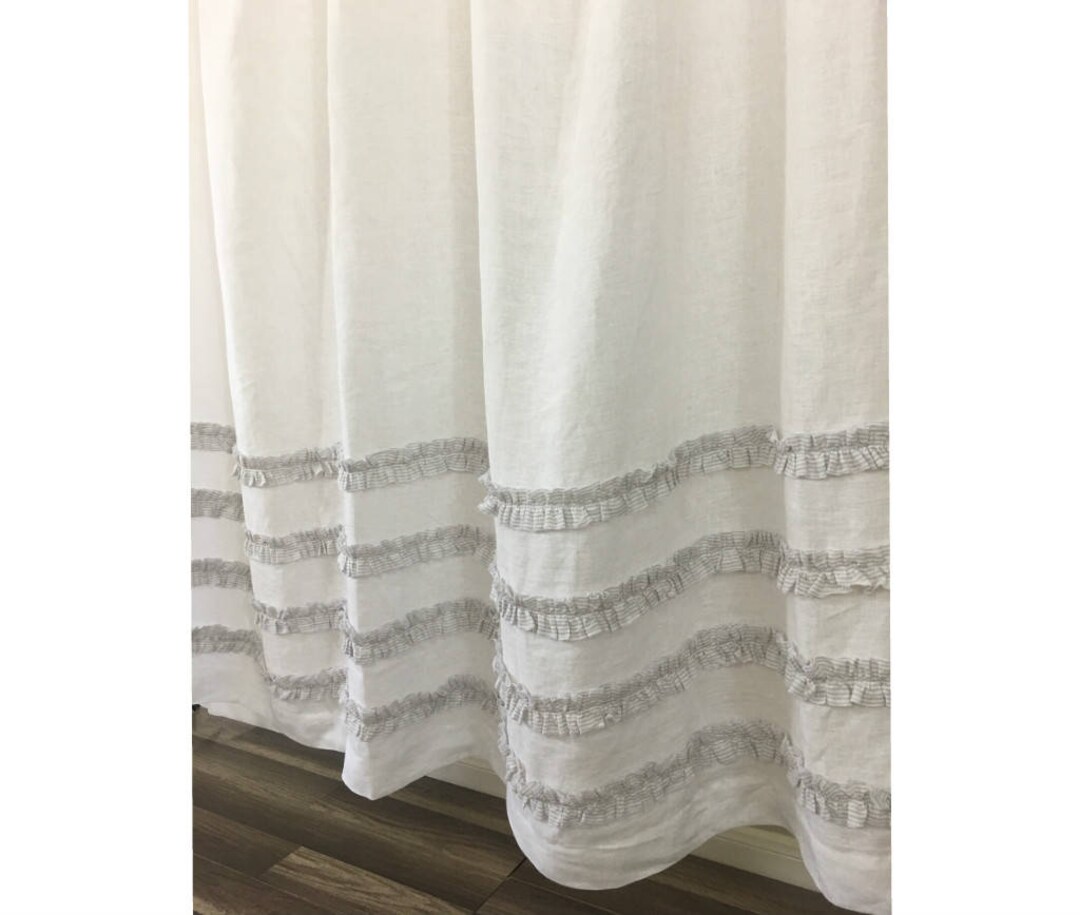 White Linen Shower Curtain With Grey Ticking Stripes 4 Rows of Ruffles