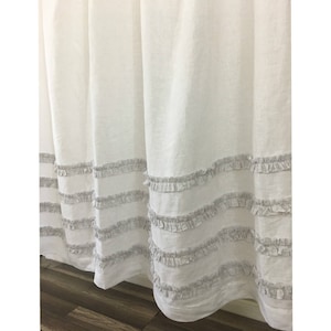 White Linen Shower Curtain with Grey ticking stripes 4 rows of Ruffles, 72x72, 72x85, 72x94, 72x72, Custom Shower Curtain Extra Long, Wide