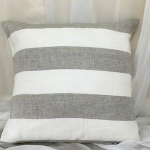 Grey and White Wide Striped Natural Linen, 16x16 To 30x30 Decorative Throw Pillow Cover, Reversible, Invisible Zipper Closure