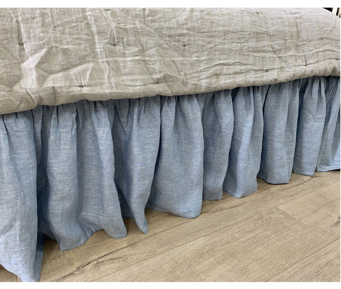 Chambray Surf Blue Linen Bed Skirt With Gathered Ruffles Blue Etsy