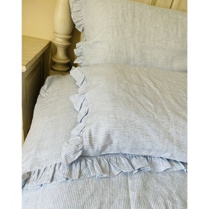 Striped Ruffled Sheets Blue White Ticking Striped Linen Bed Sheets Set With Ruffle Details - Etsy
