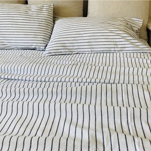Ebony White Striped Linen bed sheets, Classic Black Slate and White Striped Bed Sheets, All sizes, Custom Size Welcome
