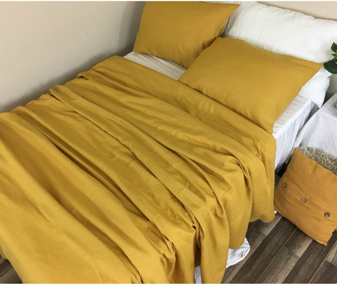 Mustard Gold Linen Duvet Cover, Natural Linen Bedding Queen, King or