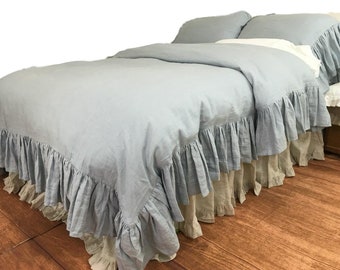Duck Egg Blue Duvet Cover w. Mermaid Long Ruffle, ruffle bedding, shabby chic bedding