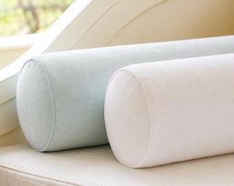Funda de almohada cilíndrica de lino, forma cilíndrica con ribete, funda de cojín cervical de lino natural, estilo rústico campestre, más de 60 colores.
