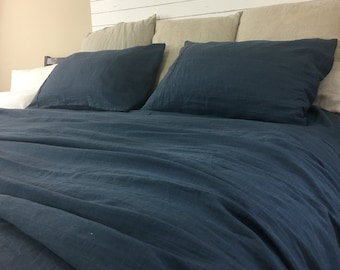 Navy Linen Duvet Cover, Yarn Dyed Deep Blue Linen Bedding, Available in Queen, King, Twin, Full, or Custom Size