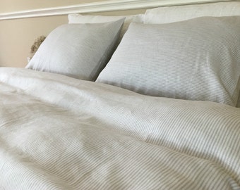 Copripiumino in lino a righe grigio pietra e bianco, biancheria da letto a righe grigie, disponibile in tutte le dimensioni o su misura