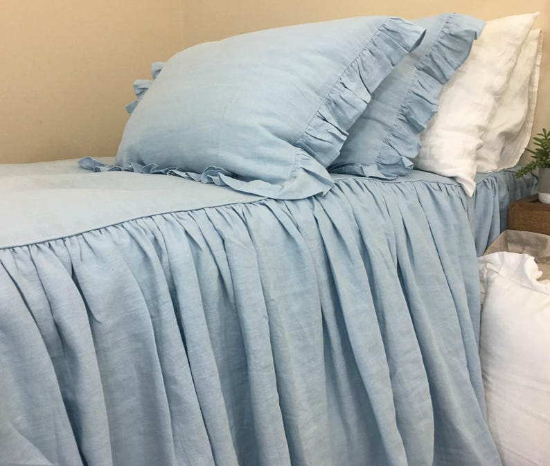 Blue Linen Bedspread Ruffled Bed Cover Handmade In Natural Etsy